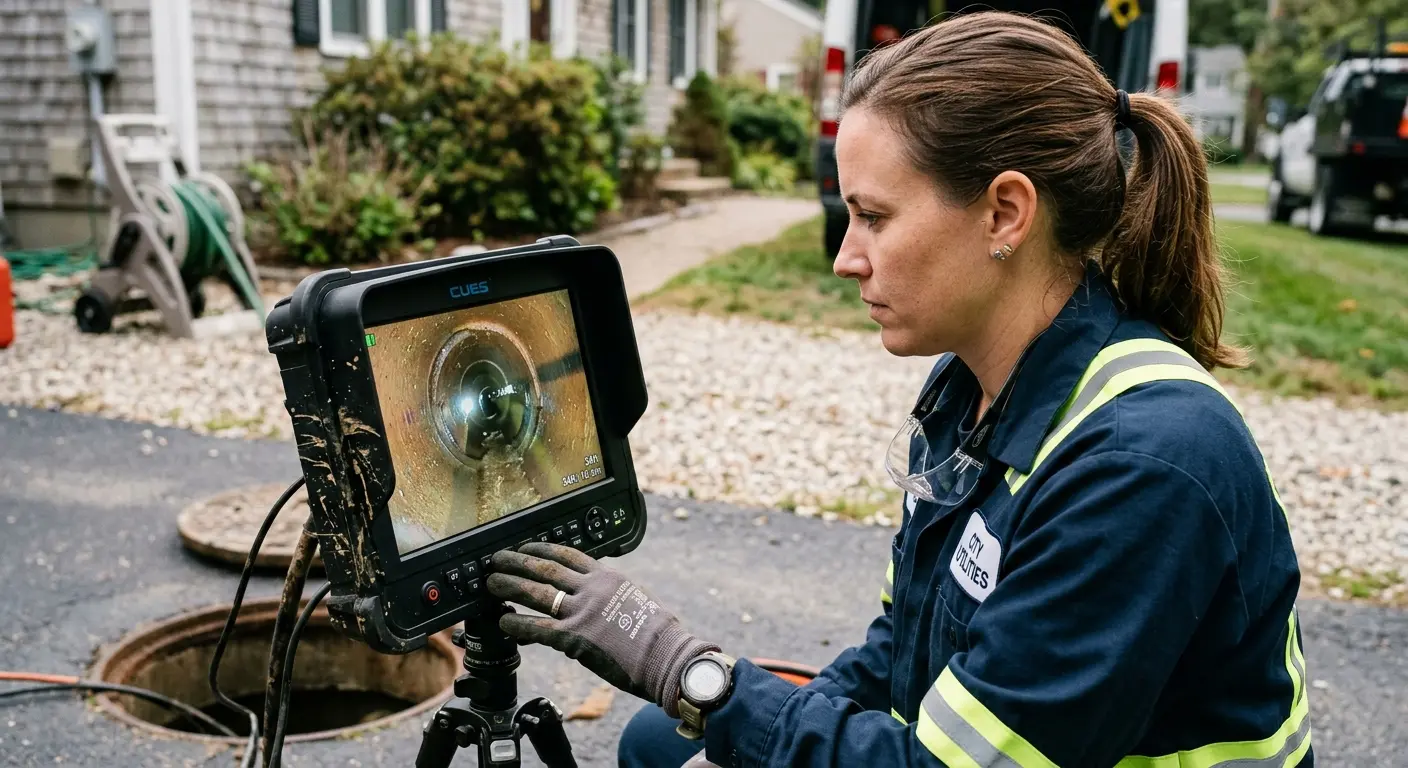 Technician reviewing sewer camera inspection footage in Denair