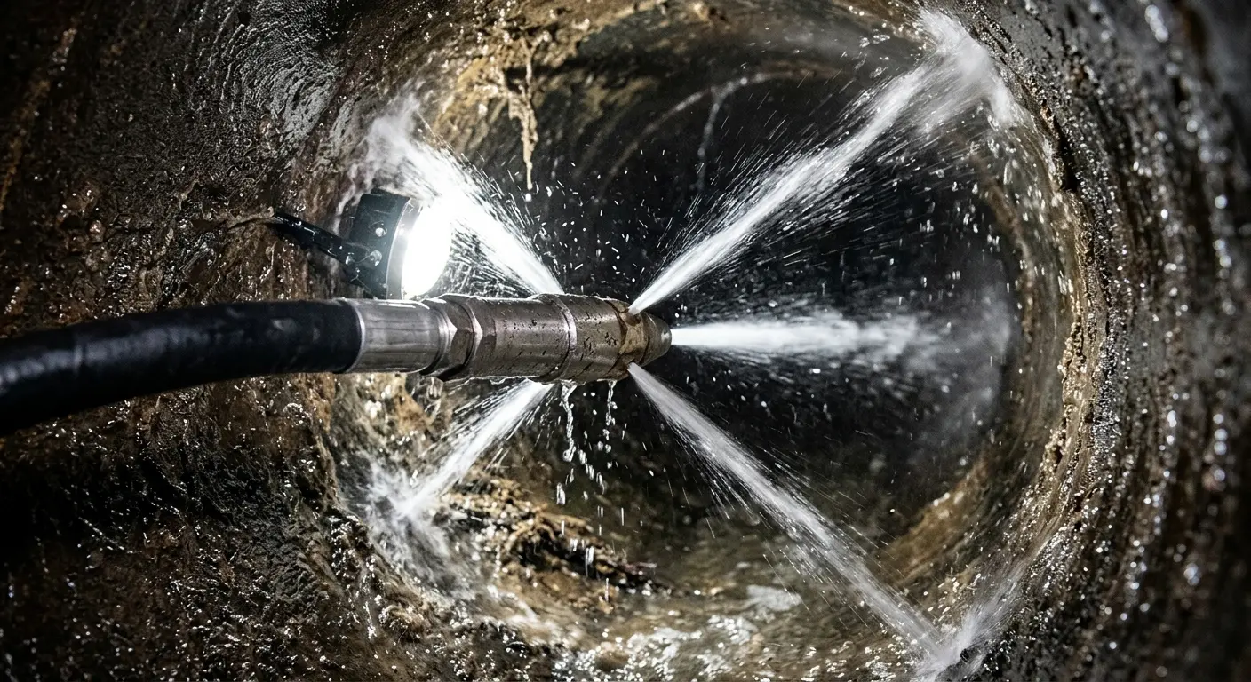 High-pressure hydro jetting nozzle cleaning sewer pipe for Sewer Cleanout in Denair