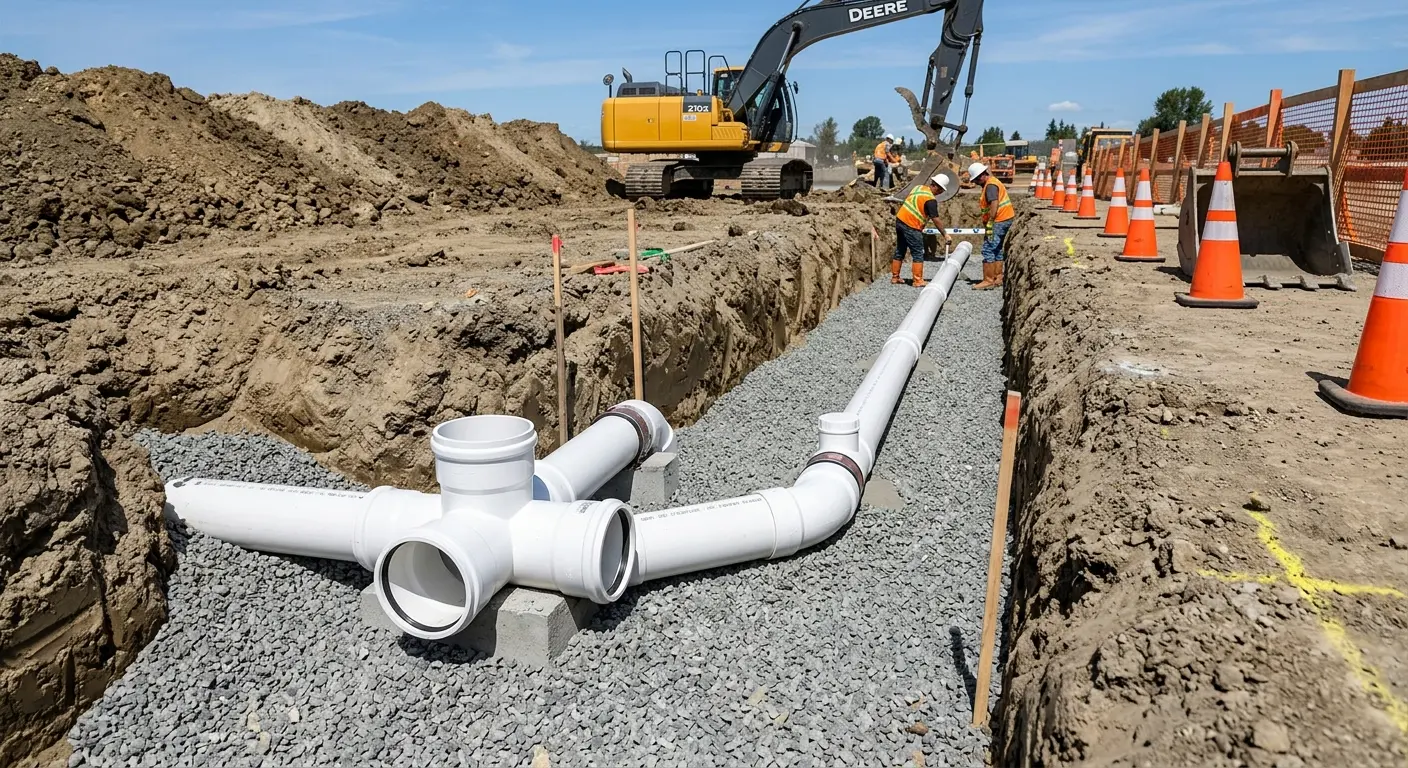 New PVC sewer pipe installation in open trench for Sewer Backup in Denair