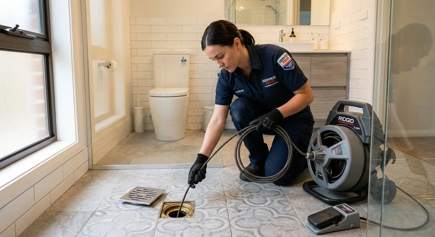 Technician clearing a bathroom floor drain for Sewer Line Replacement in Denair